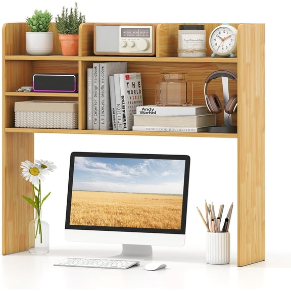 SolaceHue Desktop Bookshelf for Computer Up to 32”, 37” Countertop Storage Hutch with 6 Storage Shelves, 3-Tier Desktop Organizer Display Rack, Wooden Desk Hutch for Dorm Home Office (Burlywood)
