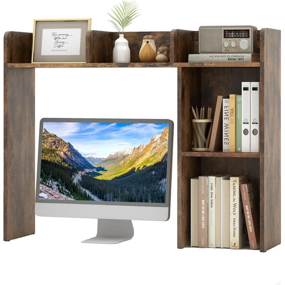 SolaceHue Desktop Bookshelf, Countertop Storage Hutch with 5 Shelves for Computer Desk, 3-Tier Display Rack, Multipurpose Wood Desktop Hutch Storage Organizer for Dorm Office, Brown