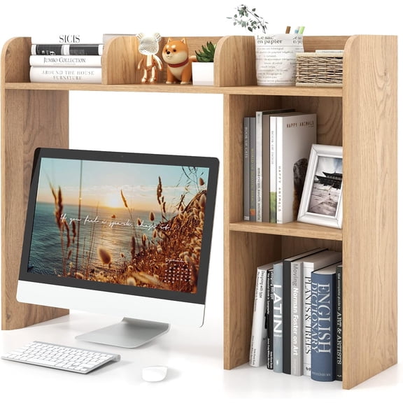 SolaceHue Desktop Bookshelf, Countertop Storage Hutch with 5 Shelves for Computer Desk, 3-Tier Display Rack, Multipurpose Wood Storage Organizer for Dorm Office Home