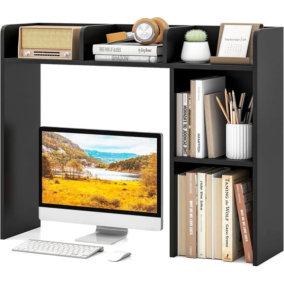 SolaceHue Desktop Bookshelf, Countertop Storage Hutch with Shelves for Computer Desk, Desk 3-Tier Display Rack, Multipurpose Wood Desktop Hutch Storage Organizer for Dorm Office (Black,5 Shelves)