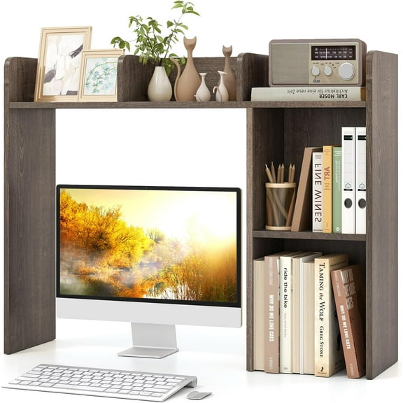 SolaceHue Desktop Bookshelf, Countertop Storage Hutch with Shelves for Computer Desk, Desk 3-Tier Display Rack, Multipurpose Wood Desktop Hutch Storage Organizer for Dorm Office