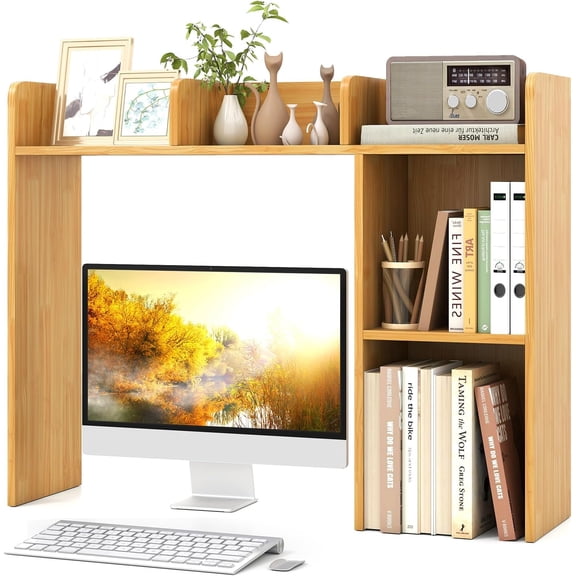 SolaceHue Desktop Bookshelf, Countertop Storage Hutch with Shelves for Computer Desk, Desk 3-Tier Display Rack, Multipurpose Wood Desktop Hutch Storage Organizer for Dorm Office