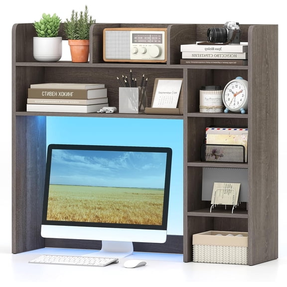 SolaceHue Desktop Bookshelf with LED Lights, Desk Hutch with 8 Shelves for Max 25" Monitor, Desktop 5-Tier Display Rack, Multipurpose Wood Desktop Storage Hutch Organizer for Dorm Office Home (Grey)