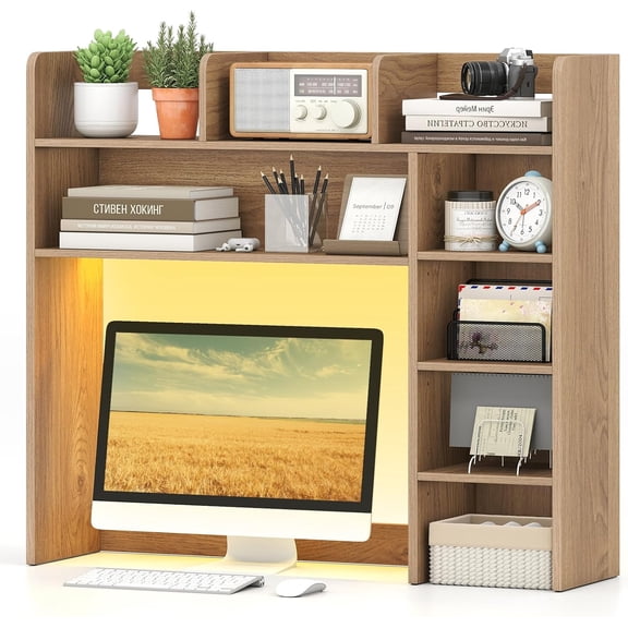 SolaceHue Desktop Bookshelf with LED Lights, Desk Hutch with 8 Shelves for Max 25" Monitor, Desktop 5-Tier Display Rack, Multipurpose Wood Desktop Storage Hutch Organizer for Dorm  (Natural)