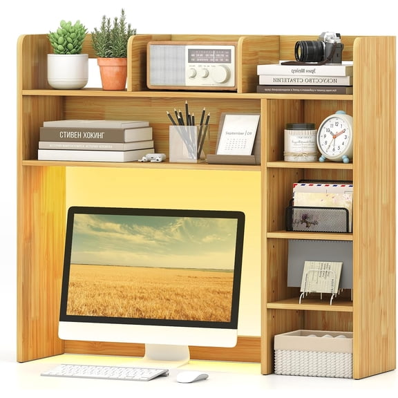 SolaceHue Desktop Bookshelf with LED Lights, Desk Hutch with 8 Shelves for Max 25" Monitor, Desktop 5-Tier Display Rack, Wood Desktop Storage Hutch Organizer for Dorm Office Home, Burlywood