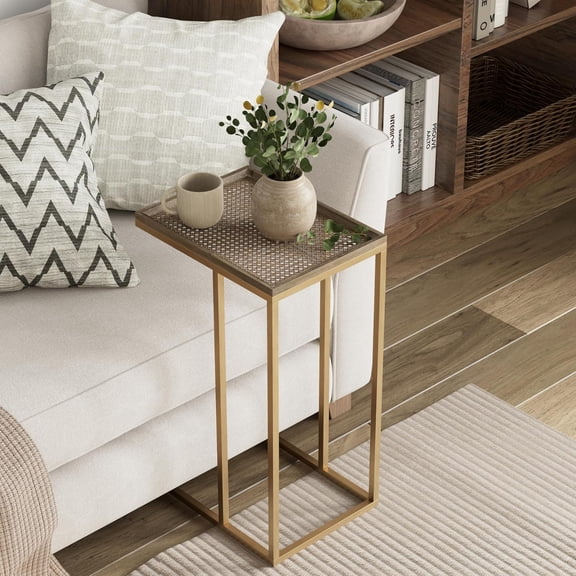 SolaceHue Farmhouse C Shaped End Table with Distressed Wood & Metal Woven Tray Top, Modern Slim Snack Side Table with Metal Base, Gold