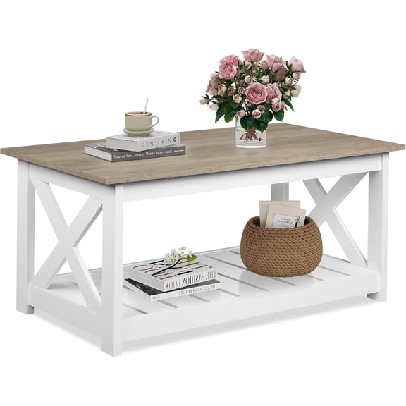 SolaceHue Farmhouse Coffee Table for Living Room, 40.1" Rustic Center Table with X-Frame Support & Storage Shelf, 2-Tier Wood Coffee Tables for Bedroom & Balcony, White