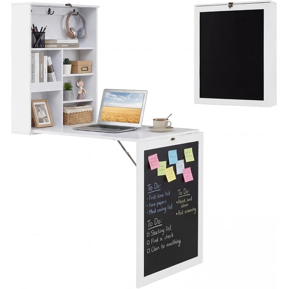 SolaceHue Foldable Wall Mounted Desk, Convertible Writing Desk with Storage Shelves, Hooks & Chalkboard, Space-Saving Fold-Up Table, Corner Floating Laptop Table for Small Spaces, Home Office, White