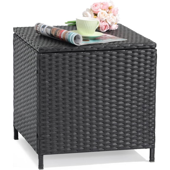SolaceHue Garden Outdoor Wicker Side Table, Small Storage Rattan Wicker End Table, Square Resin Coffee Table for Garden Porch Deck Living Room Backyard (Black)