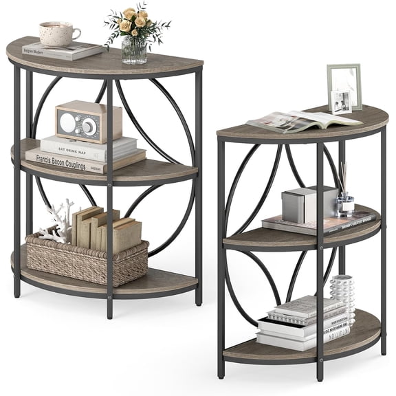 SolaceHue Half Round End Table Set of 2, 3-Tier Narrow Side Table w/Study Metal Frame & Storage Shelves, Half Moon Circle Accent Bedside Night Stand for Living Room Bedroom Small Spaces (Grey)