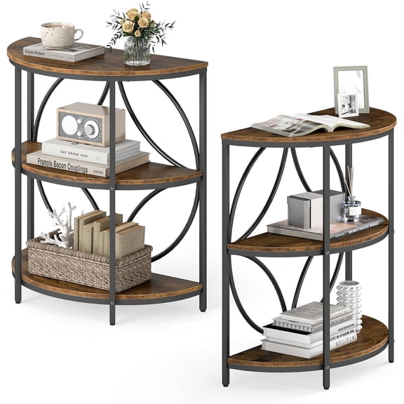 SolaceHue Half Round End Table Set of 2, 3-Tier Narrow Side Table w/Study Metal Frame & Storage Shelves, Half Moon Circle Accent Bedside Night Stand for Living Room Bedroom Small Space (Rustic Brown)