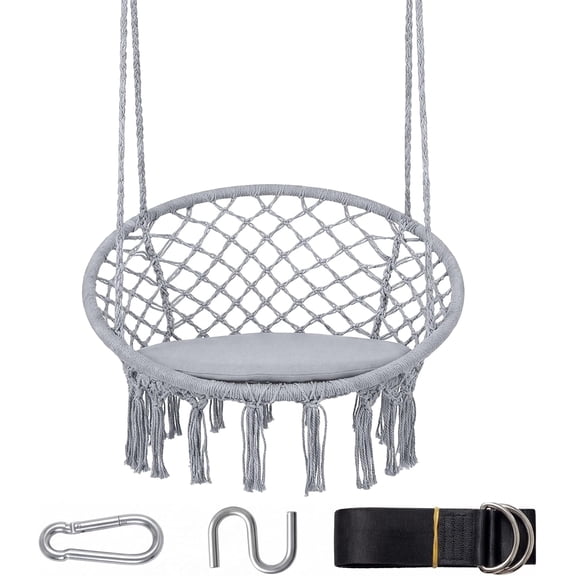 SolaceHue Hammock Chair Macrame Swing, Boho Swing Chair with Round Seat Cushion and Hardware Kit, 330 lbs Capacity, Indoor & Outdoor Hanging Chair for Bedroom Balcony Patio Living Room (Grey)