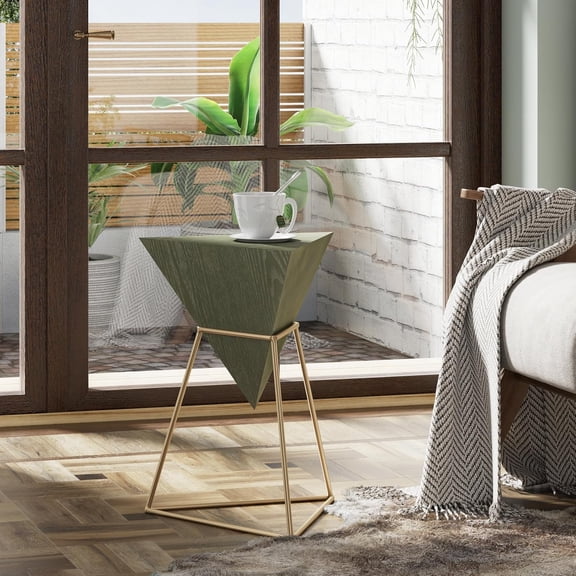 SolaceHue Modern Geometric End Table with Wooden Top and Golden Metal Base, Unique Pyramid Side Table Plant Stand for Office, Living Room, Bedroom, Fully Assembled, Triangle, Green