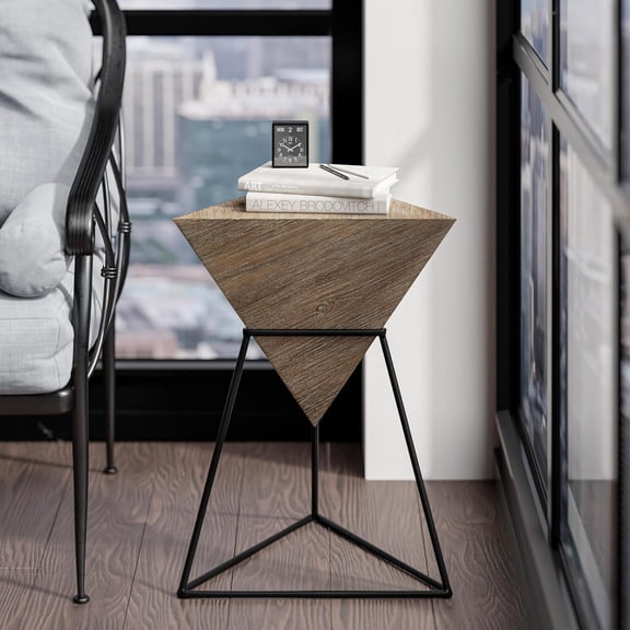 SolaceHue Modern Geometric End Table with Wooden Top and Metal Base, Unique Pyramid Side Table Plant Stand for Office, Living Room, Bedroom, Fully Assembled, Triangle, Brown, Nature