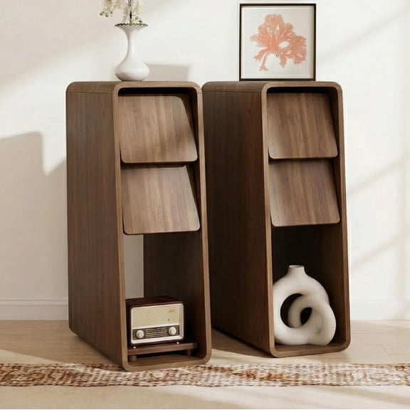 SolaceHue Narrow Nightstand Set of 2, Small Bedside Table, Slim Wood Bed Side Table with Slanted 2 Drawers, Mid Century Modern Night Stand, Walnut Nightstand, Bedroom, Skinny, Wood, Vintage