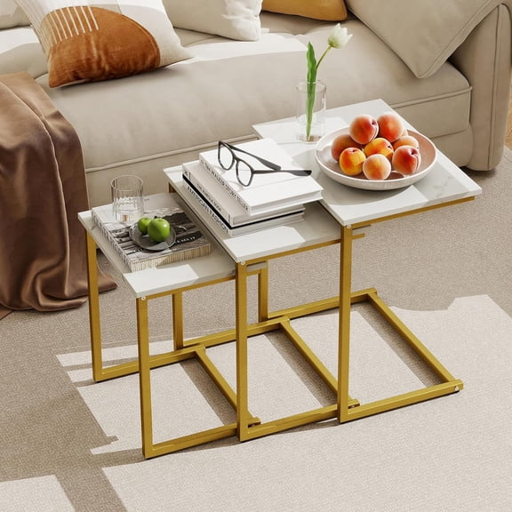 SolaceHue Nesting Coffee Table Set of 3, Stackable Square End Table w/Faux Marble Tabletop & Heavy-Duty Metal Frame, Farmhouse C-Shaped Accent Table for Small Space, Living Room, Bedroom (White Gold)