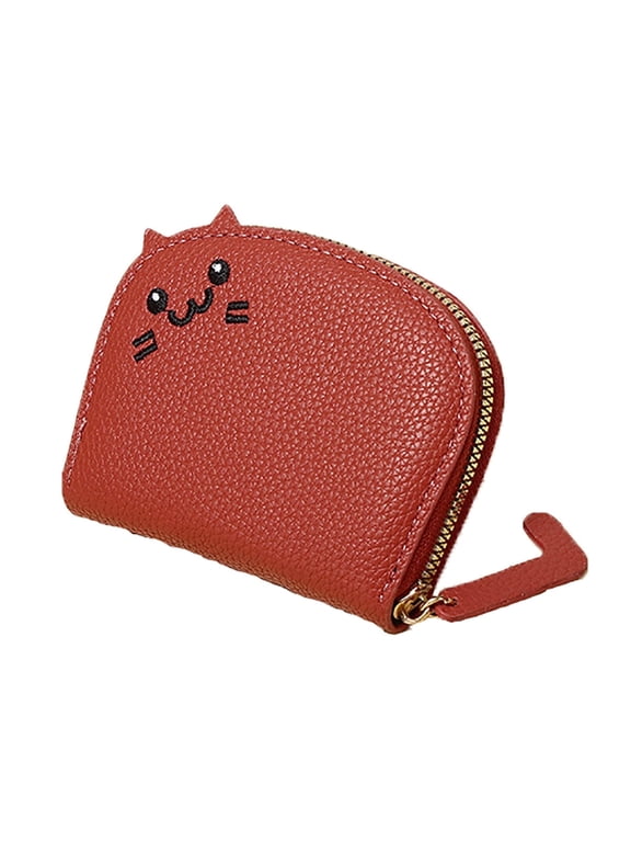 PU Leather Card Holder for Women, Cute Small Wallet with 11 Slots, Multi-Functional Credit Card Case Purse for ID, Cash, Coins, Gift for Cat Lovers,Brick red