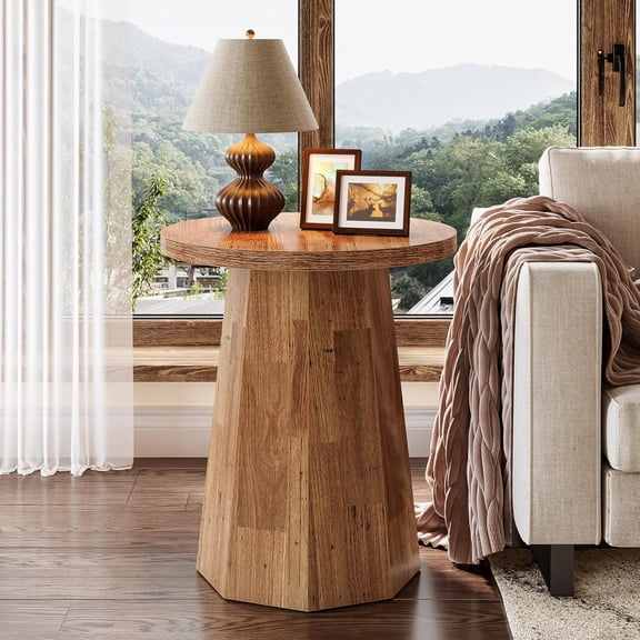 SolaceHue Round Pedestal End Table, Farmhouse Couch Side Table with Octagonal Base, Wooden Drink Stand Accent Nightstand(1, Walnut)