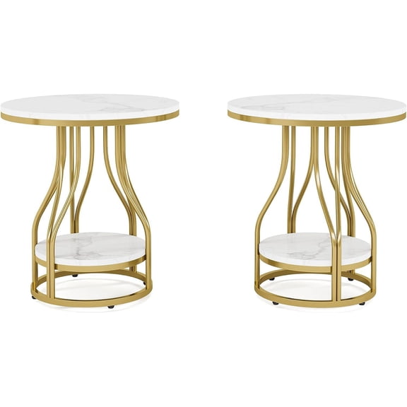 SolaceHue Round Side End Table 2-Tier End Tables Modern Bedside Table Small Chairside Tables with Storage for Couch Side, Nightstand with Metal Frame for Living Room (2 pcs, White+Gold)