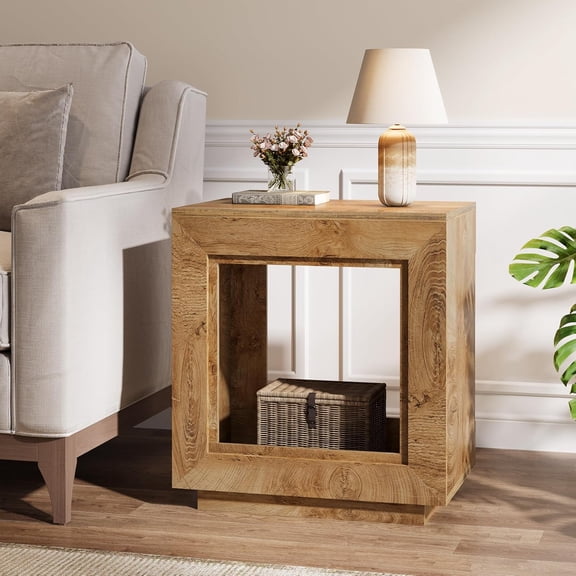 SolaceHue Rustic Brown End Table, 24" Side Table with Storage Shelf, Farmhouse Style Nightstand Bedside Table (1, Natural)