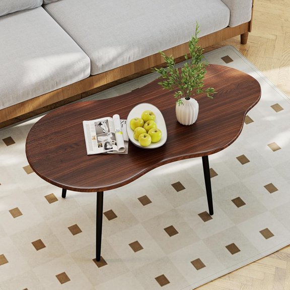 SolaceHue Small Coffee Table, 39.5" Cloud Center Table with Metal Frame, Unique Irregular Accent Cocktail Tea Table, Modern Wood Coffee Table for Living Room, Small Spaces (Walnut)