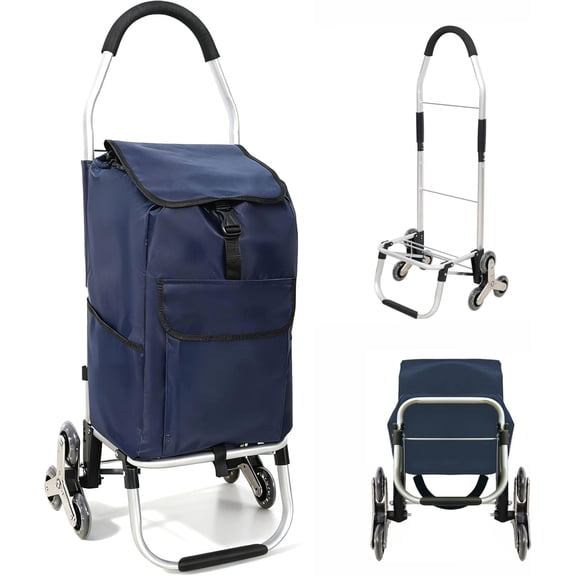 SolaceHue Stair Climbing Shopping Cart, 40L Rolling Foldable Utility Cart with Triangular Wheels, Waterproof Removable Bag, Heavy Duty Trolley for Groceries Apartment Laundry (Blue-6 Wheels)