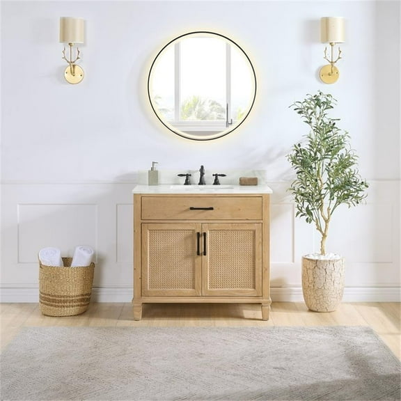Solana 36" Wood Vanity in Weathered Fir Calacatta White Quartz Top with Mirror
