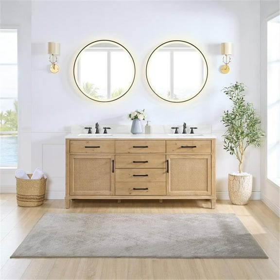 Solana 72" Wood Vanity in Weathered Fir Calacatta White Quartz Top with Mirror