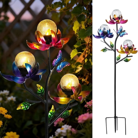 Solar 3-Flower Stake with LED Lights Multi-Color Blossoms & Butterfly Decor Auto Sensor Night Light for Garden, Patio, and Pathway