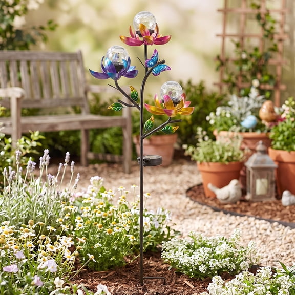 Solar 3-Flower Stake with LED Lights Multi-Color Blossoms & Butterfly Decor Auto Sensor Night Light for Garden, Patio, and Pathway