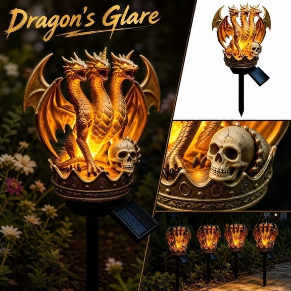 Solar 3-Headed Dragon Garden Light - Outdoor Pathway Stake Decor 6.2 In