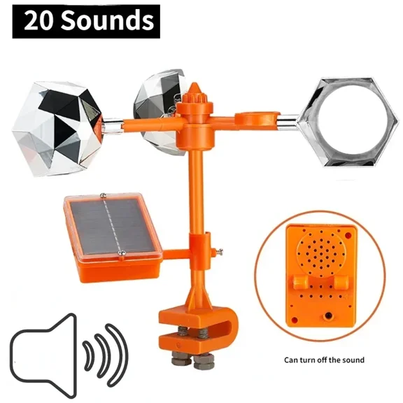 Solar 3-in-1 Bird Repellent: Ultrasonic/Flash/Wind Motion for Garden/Farm/Pond, Solar Powered Pest Control for Orchard/Yard