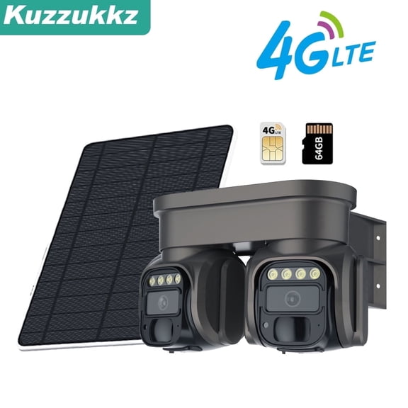 Kuzzukkz Solar Powered 4G LTE Security Camera, 2K Ultra HD P/T/Z Outdoor Waterproof PIR Detection Camera, No WiFi Required, Two-Way Audio, Gray, Built-in 4G SIM Card(300MB of Free Test Data)