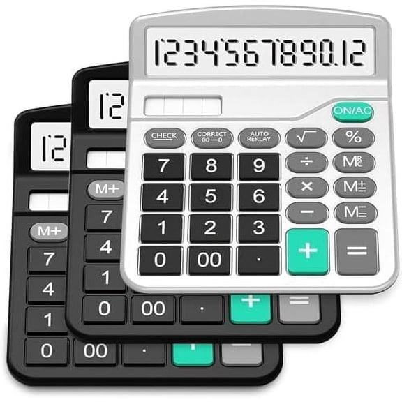 Solar & AA Battery Dual Power Electronic Calculator - 12-Digit Large Display (2 Basic Black & 1 Updated Silver)