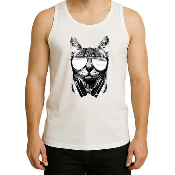 Solar Activated Tank Top for Men - UV Reactive Color Changing Shirt Sunlight Responsive Graphic, DJ Cat X-Large