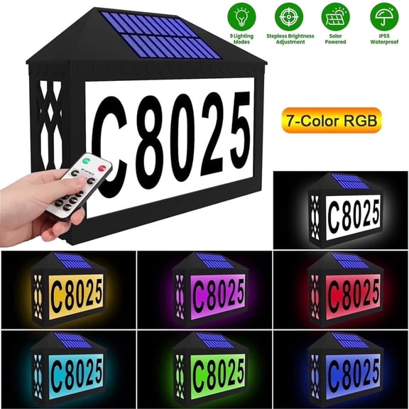 Solar Address Sign, 7 Color RGB House Numbers Sign with Remote Control, LED Waterproof Illuminated Address Plaque for Outside, Home, Street, Garden, Driveway Yard