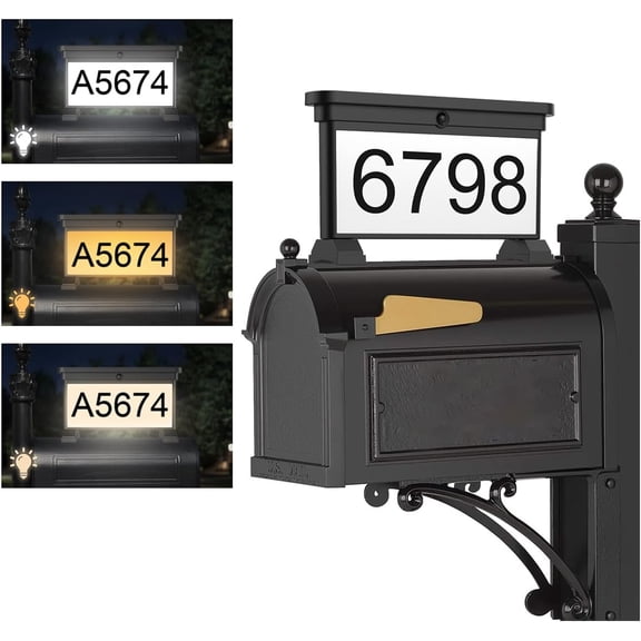 Solar Address Sign,Double-Sided 3-Color Lighting LED Mailbox Number Plaque, Outdoor Address Plaque for Mailbox Topper, Address Numbers House Numbers