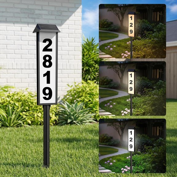 Solar Address Sign, House Number for Outside , 3-Color LED Illuminated Address Plaque with Stake, Solar Light Up Address Numbers for Houses Yard, 1-Pack