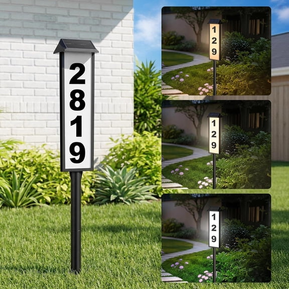 Solar Address Sign, House Number for Outside Waterproof, 3-Color LED Illuminated Address Plaque with Stake, Solar Powered Light Up Address Numbers for Houses Yard, 1-Pack