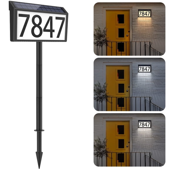 Solar Address Sign with LED House Numbers, Waterproof Illuminated Address Plaques for Outdoor Use, 3-Color Adjustable, Ground Stake and Wall-Mount Options