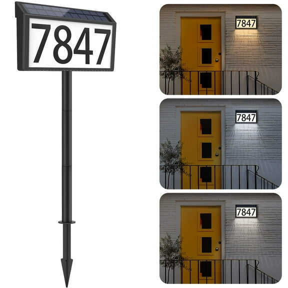 Solar Address Sign with LED House Numbers, Waterproof Illuminated Address Plaques for Outdoor Use, 3-Color Adjustable, Ground Stake and Wall-Mount Options
