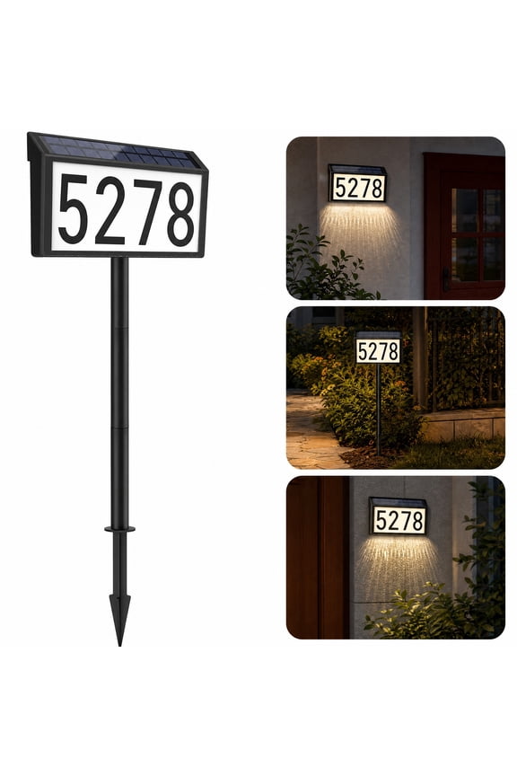 Solar Address Sign with LED House Numbers, Waterproof Illuminated Address Plaques for Outdoor Use, 3-Color Adjustable, Ground Stake and Wall-Mount Options