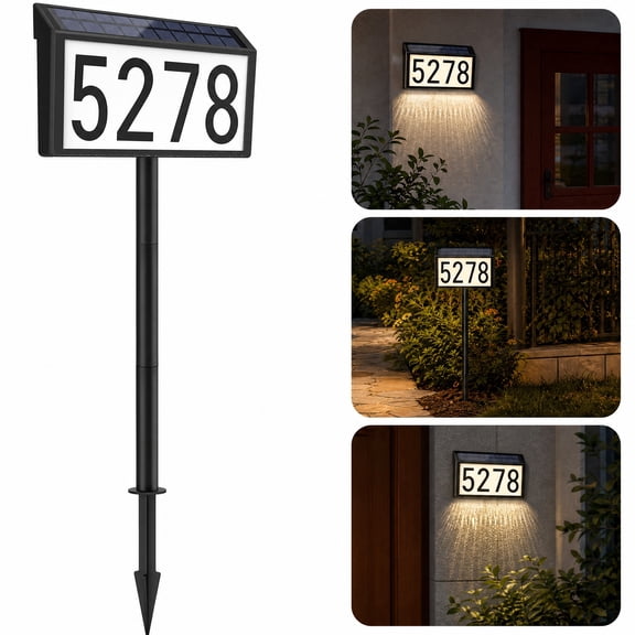 Solar Address Sign with LED House Numbers, Waterproof Illuminated Address Plaques for Outdoor Use, 3-Color Adjustable, Ground Stake and Wall-Mount Options