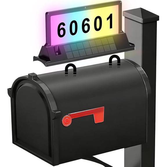 Solar Address Sign for Mailbox RGBW Lighted House Numbers with Magnetic Mount, No-Drill, 8-Color Light Modes, IP65 Waterproof Powered Plaque, Outdoor Topper
