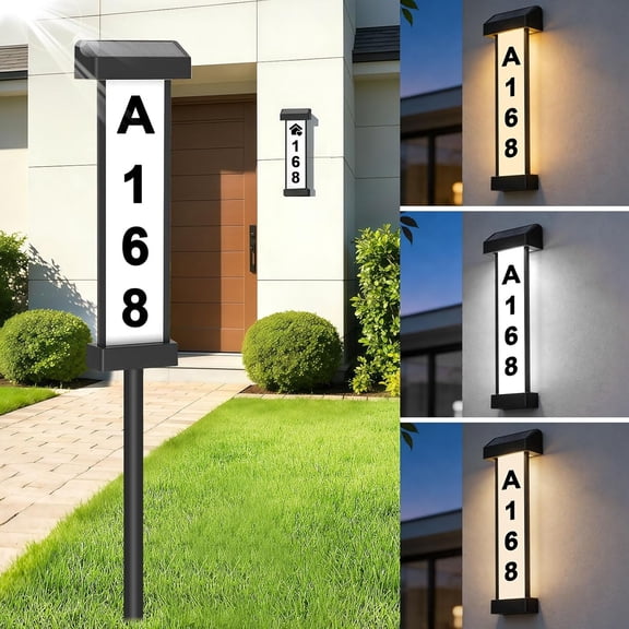 Solar Address Sign, -Sided Lighted House Numbers for Outside, LED Illuminated Address Plaque with Stakes, 3 Color Modes, Wall Mounted or In Ground for Yard