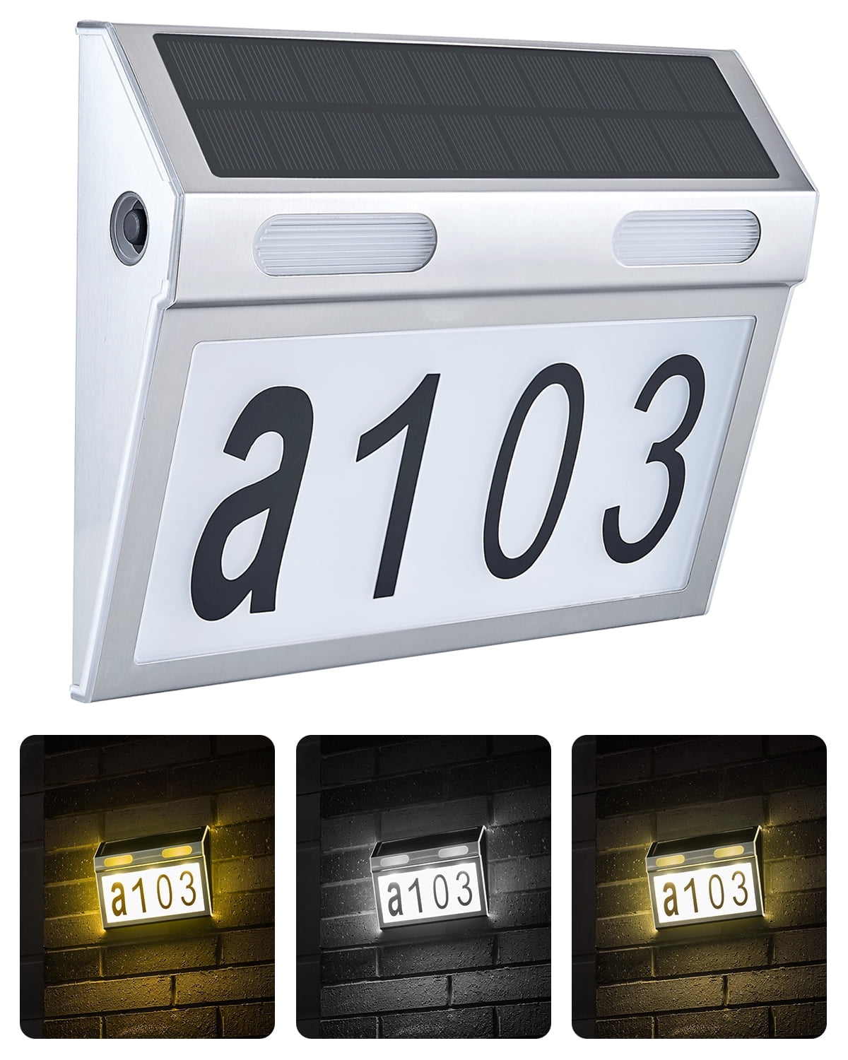 Solar Powered House Numbers - Illuminated Address Sign With 3-Color Lights, Stainless Steel, Waterproof, For Yard Or Wall