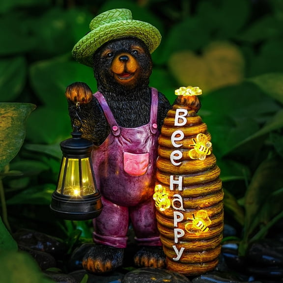 Solar Adorable Bear Garden Statue with Beehive and Lantern - “Bee Happy” Resin Outdoor Decoration for Yard, Patio, or Home Decor
