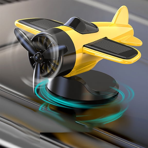 Solar Airplane Rotating Car Decor, Wenini Solar Powered Dynamic Dashboard Ornament, Quiet Propeller Car Accessory for Gift Father's Day Christmas, Yellow
