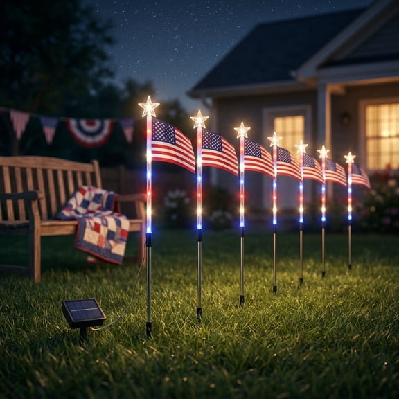 Solar American Flag Lights Outdoor, 4th of July Decorations Outdoor, Waterproof Solar Flag Patriotic Lights for Yard, Garden, Pathway, Independence Day, 250th Anniversary (Red White and Blue) C-8PCS