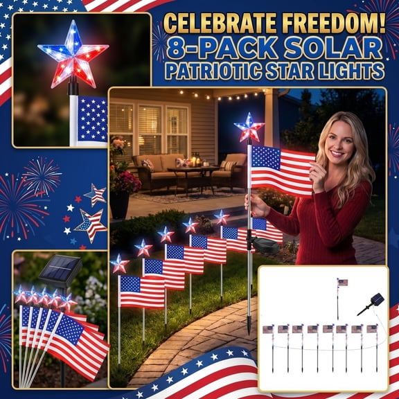 Solar American Flag Pathway Lights 8 Pack,Waterproof Auto On Off LED Landscape Lighting for 250th Independence Day Patio Path Decor,Patriotic Red Blue LED Outdoor Yard Garden Decorations